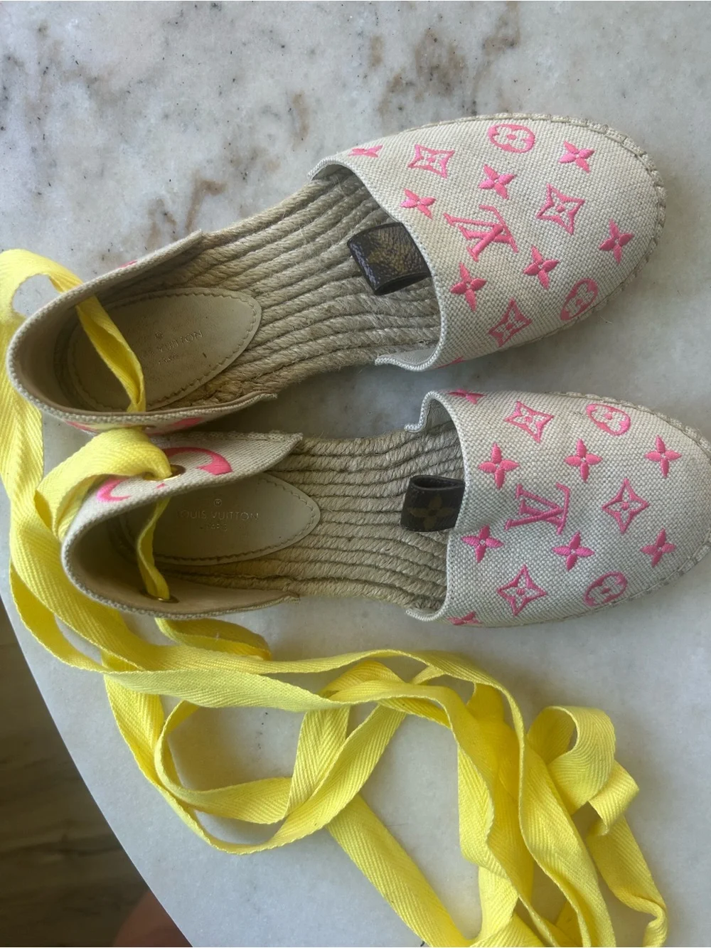 Louis Vuitton Pink Canvas Monogram Espadrille with Yellow Ribbon Ties